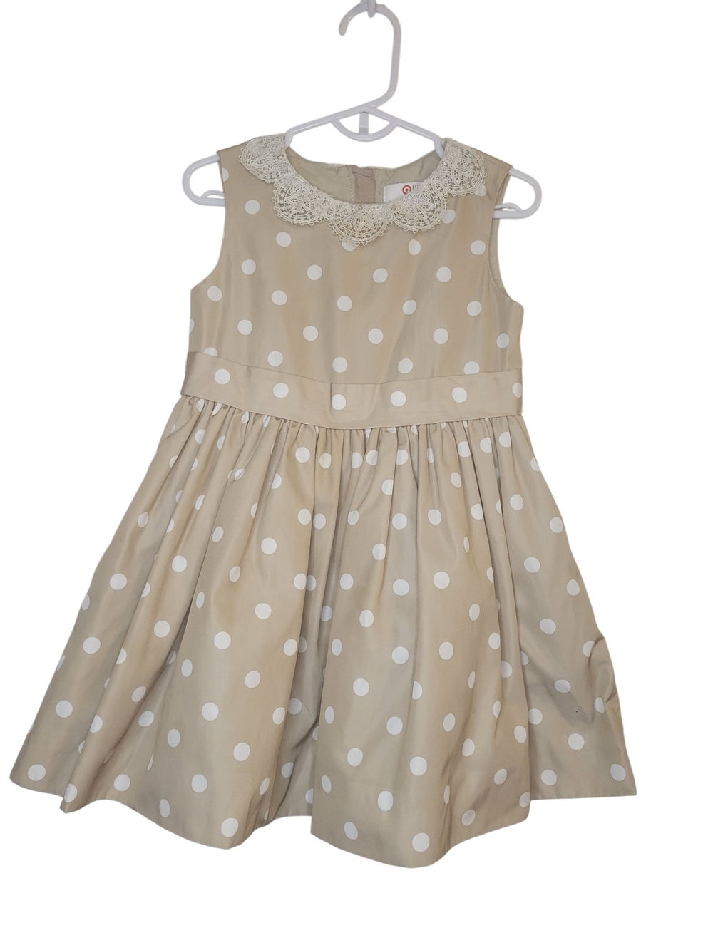 Nieman Marcus Beige Polka Dot Dress with Lace Collar